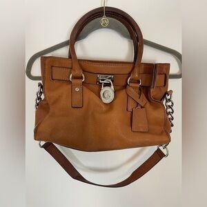 Michael Kors Hamilton Acorn Brown Saffiano Leather Shoulder Handbag Lock & Key